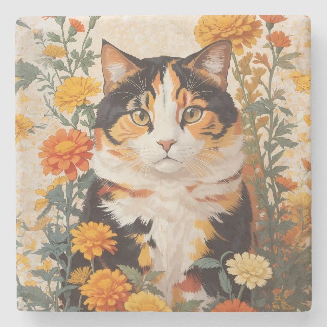 Dessous-de-verre En Pierre Belle Chat Calico Avec Fleurs Marigold (Devant)