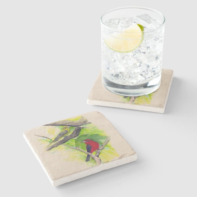 Dessous-de-verre En Pierre Belle Peinture de Tanagers à Scarlet (Côté)