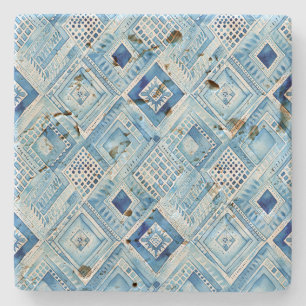Dessous-de-verre En Pierre Bijou Carré Batik Blanc Bleu