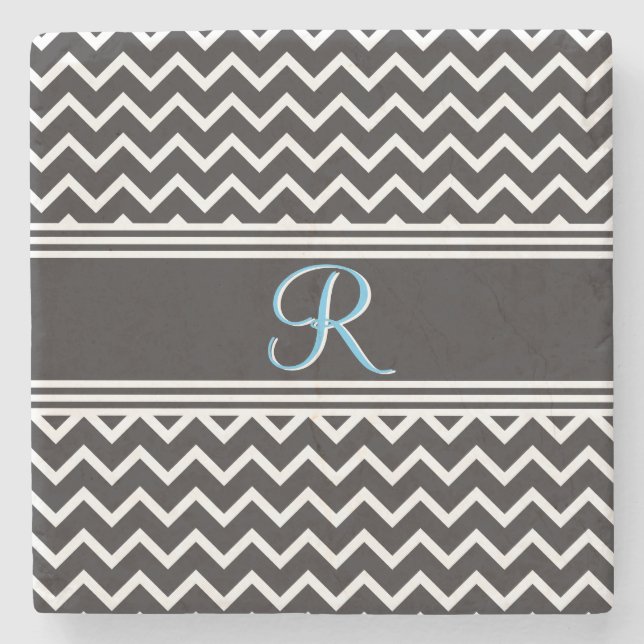 Dessous-de-verre En Pierre Black | Blanc Chevron gothique Zigzag Monogramme (Devant)