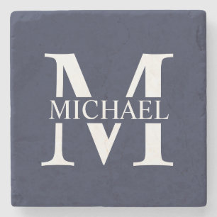 Dessous-de-verre En Pierre Bleu marine Monogramme personnalisé et nom