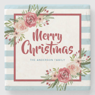 Dessous-de-verre En Pierre Bleu Rayures Aquarelle Fleurs Noël