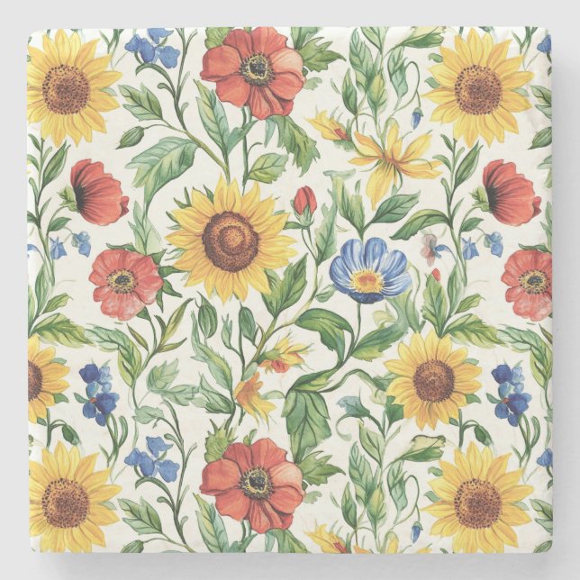 Dessous-de-verre En Pierre Blue Red Yellow Sunflowers Italian Floral (Devant)