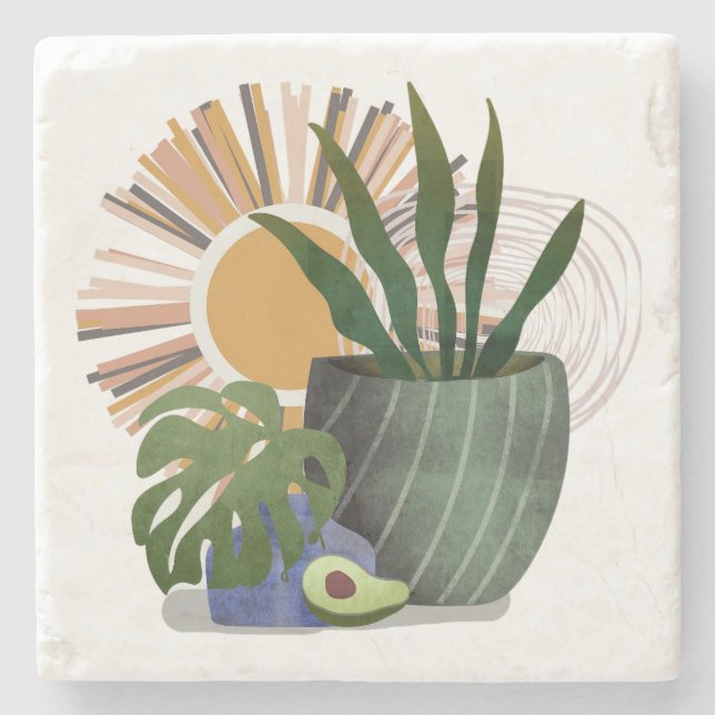 Dessous-de-verre En Pierre Boho Botanical Neutral Mid Century Stone Coaster (Devant)