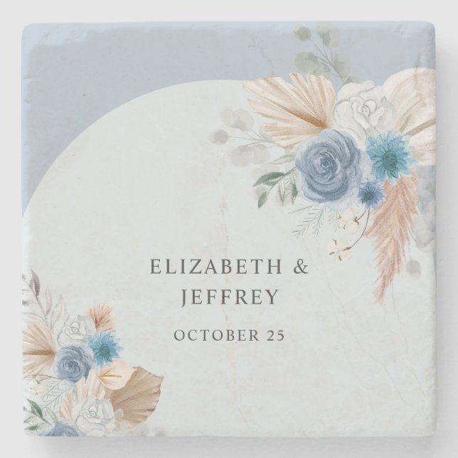 Dessous-de-verre En Pierre Boho rustique élégant Dusty Blue Pampas Mariage (Devant)