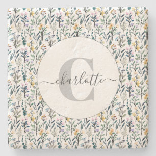 Dessous-de-verre En Pierre Boho Watercolor Fleurs sauvages Motif Nom du monog