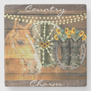 Dessous-de-verre En Pierre Botte de cowboy Rustique Cheval tournesol Wagon