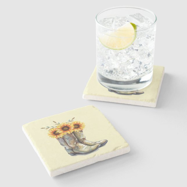 Dessous-de-verre En Pierre Bottes rustiques Cowboy avec tournesol (Côté)