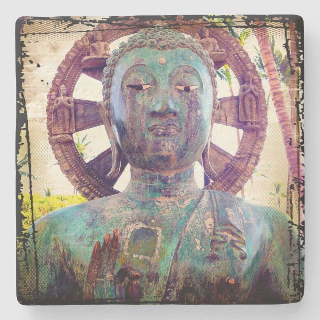 Dessous-de-verre En Pierre Bouddha Turquoise Tête Photo Antique Tropical Bold (Devant)