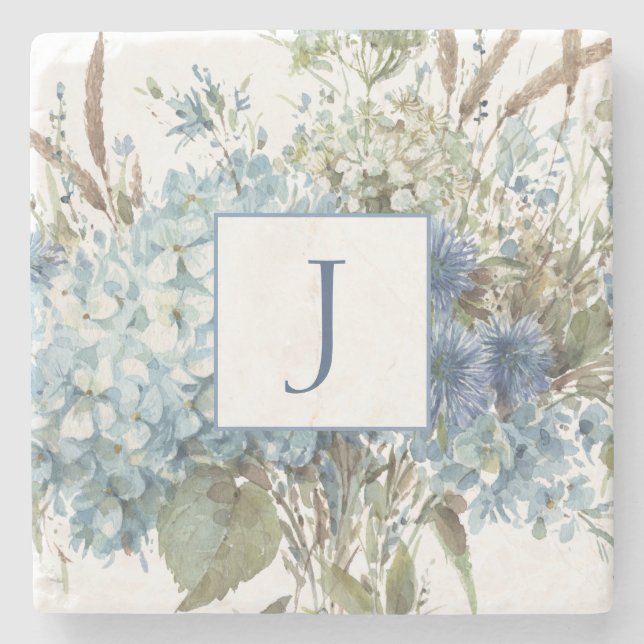 Dessous-de-verre En Pierre Bouquet d'aquarelle bleu bohème (Devant)