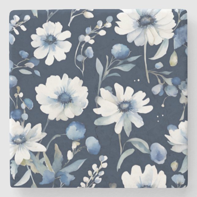 Dessous-de-verre En Pierre Bouquet de fleurs aquarelle élégante bleue (Devant)