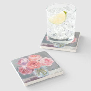 Dessous-de-verre En Pierre Bouquet de pivoine rose peint à l'aquarelle floral