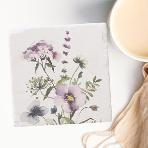 Dessous-de-verre En Pierre Bouquet Fleur sauvage pourpre Aquarelle Florale