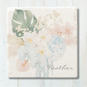 Dessous-de-verre En Pierre Bouquet Floral de Fleurs Tropicales à l'Aquarelle 