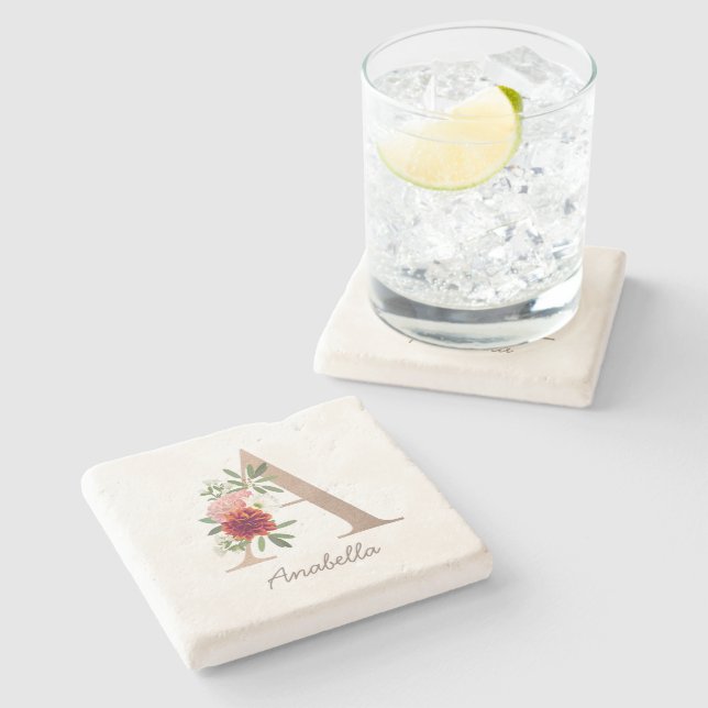 Dessous-de-verre En Pierre Bouquet flou floral lettre personnalisée "A" (Côté)