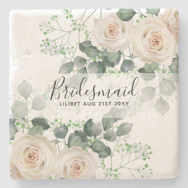 Dessous-de-verre En Pierre Bridesmaid Cadeaux Roses Blanches Thème Personnali (Devant)