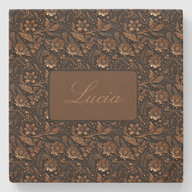 Dessous-de-verre En Pierre Bronze foncé Embossé Floral Personnalisé (Devant)