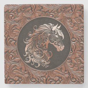 Dessous-de-verre En Pierre Brown cowgirl floral à outils cuir tête de cheval