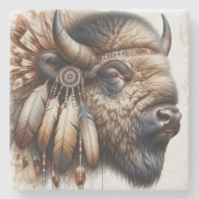 Dessous-de-verre En Pierre Buffalo Bison American Indian Art (Devant)