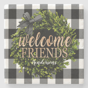 Dessous-de-verre En Pierre Buffalo Check Black and White Boxwood Wreath