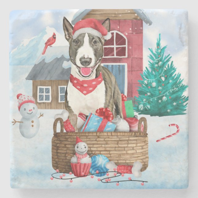 Dessous-de-verre En Pierre Bull Terrier Chien dans la neige Maison de Chien d (Devant)