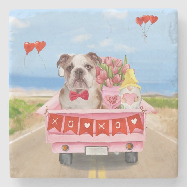 Dessous-de-verre En Pierre Bulldog anglais Saint-Valentin Coeurs de camion (Devant)