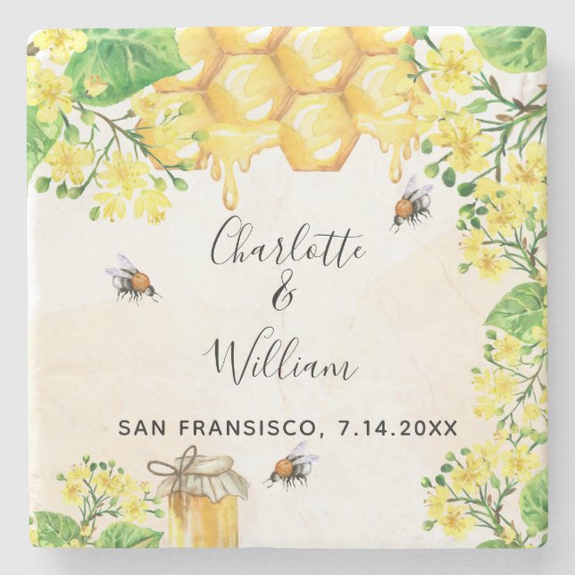 Dessous-de-verre En Pierre Bumble abeilles miel fleurons jaunes mariage (Devant)