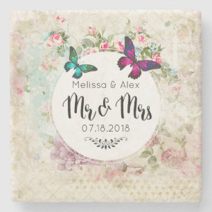 Dessous-de-verre En Pierre Butterflie sur un collage Vintage floral M. et Mme