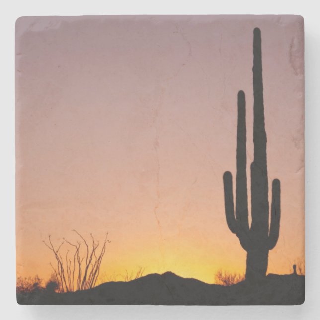 Dessous-de-verre En Pierre Cactus de Saguaro au coucher du soleil (Devant)
