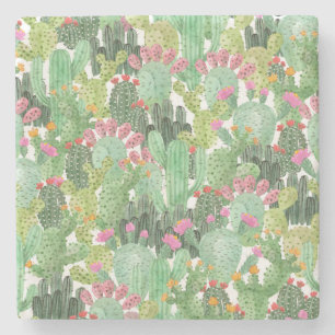 Dessous-de-verre En Pierre Cactus peint à la main : Vert désert