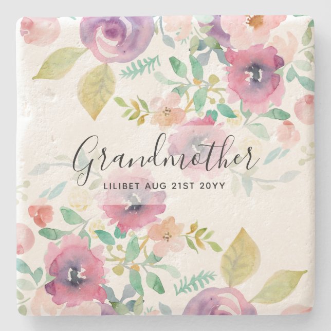 Dessous-de-verre En Pierre Cadeau Grandma - Jolie Plum Fleurs roses Perosonal (Devant)