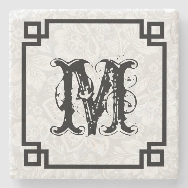 Dessous-de-verre En Pierre Cadre Noir Damas Blanches Et Grand Monogramme (Devant)