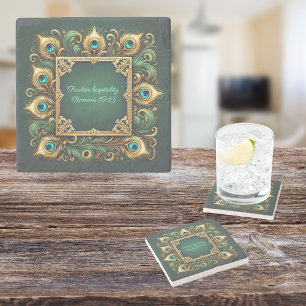 Dessous-de-verre En Pierre Cadre Paon Vert Or Personnalisable 