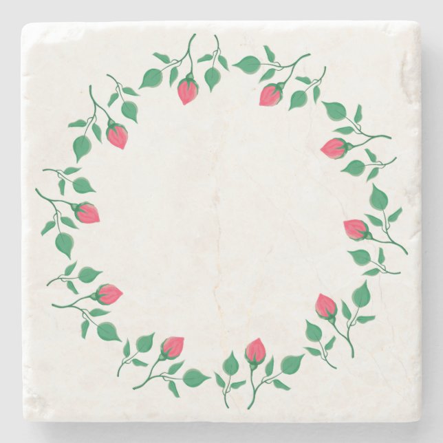 Dessous-de-verre En Pierre Cadre rond fleuri avec fleurs roses (Devant)