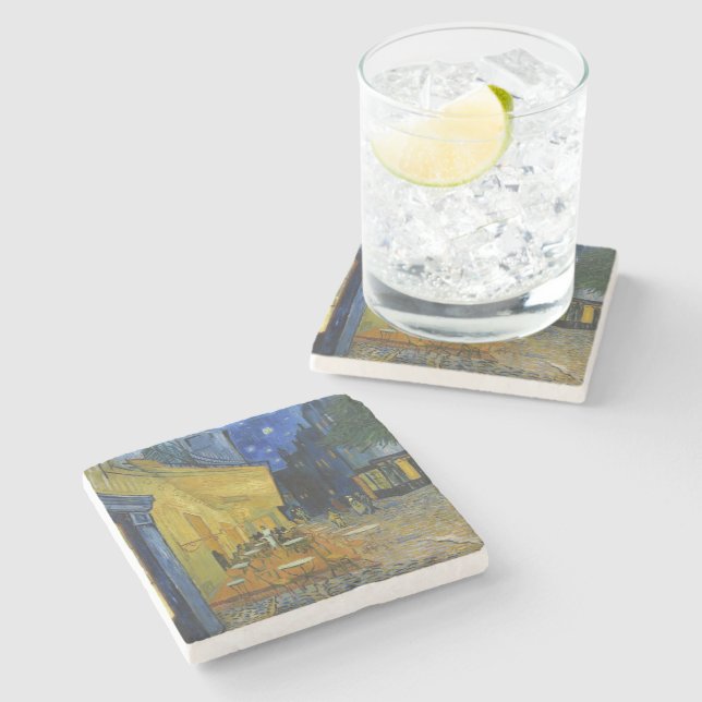 Dessous-de-verre En Pierre Café Terrasse en soirée | Vincent van Gogh (Côté)