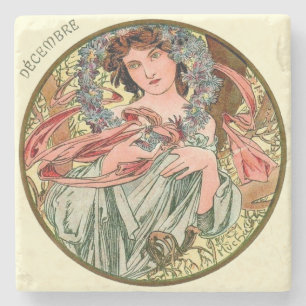 Dessous-de-verre En Pierre Calendrier Mucha Art Nouveau Décembre