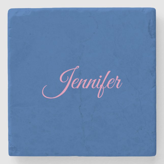 Dessous-de-verre En Pierre Calligraphie Elegant rose Bleu Nom personnalisé (Devant)