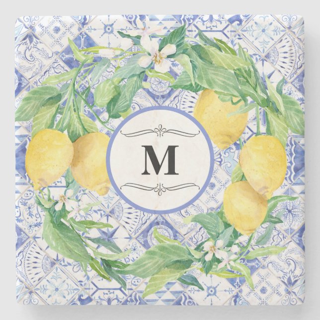 Dessous-de-verre En Pierre Carrelage bleu blanc Citron citron citronnier (Devant)