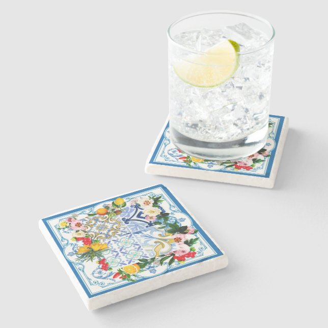 Dessous-de-verre En Pierre Carrelage méditerranéen, majolica, style sicilien  (Côté)
