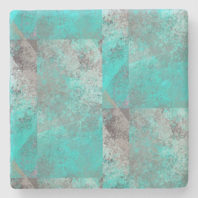 Dessous-de-verre En Pierre Carrés Abstraits Bleu Turquoise Gris Aqua (Devant)