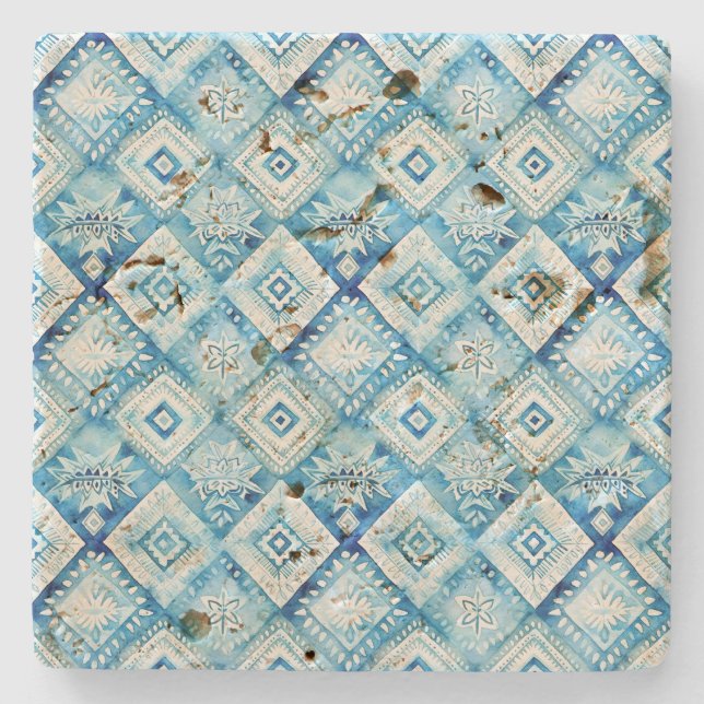 Dessous-de-verre En Pierre Carrés Batik Bleu Blanc (Devant)