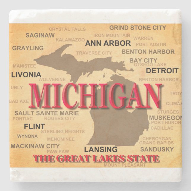 Dessous-de-verre En Pierre Carte De L'État Du Michigan, Detroit, Lansing (Devant)