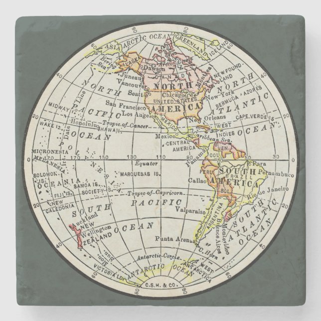 Dessous-de-verre En Pierre Carte de l'hémisphère occidental Globe Travel (Devant)