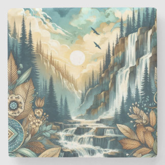 Dessous-de-verre En Pierre Cascade de Forest Mountain Boho Motif naturel