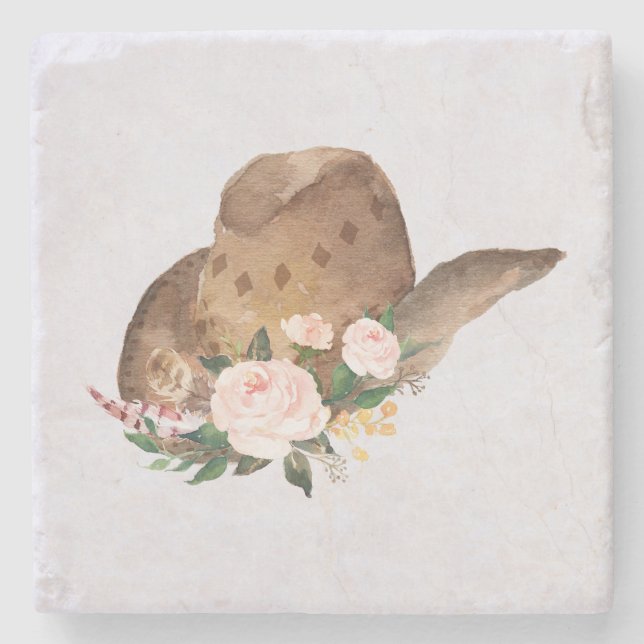 Dessous-de-verre En Pierre Casquette Brown Cowgirl avec fleurs roses (Devant)