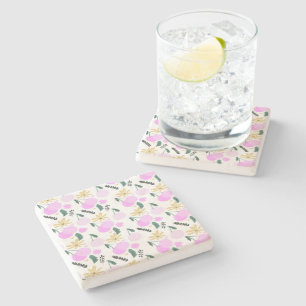 Dessous-de-verre En Pierre Cerisier Floral Vert Jaune Coeurs Roses Motif