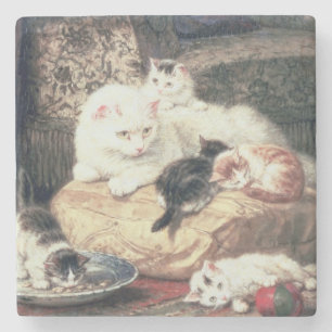 Dessous-de-verre En Pierre Chat avec ses chatons sur un coussin