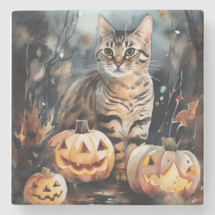 Dessous-de-verre En Pierre Chat Bengale D'Halloween Avec Peur Citrouille