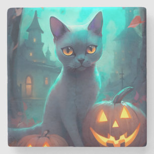 Dessous-de-verre En Pierre Chat bleu russe d'Halloween avec la peur Citrouill