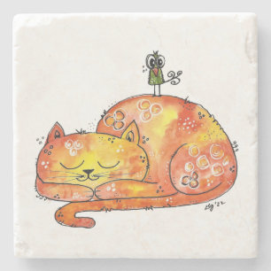 Dessous-de-verre En Pierre Chat couché blanc mignon